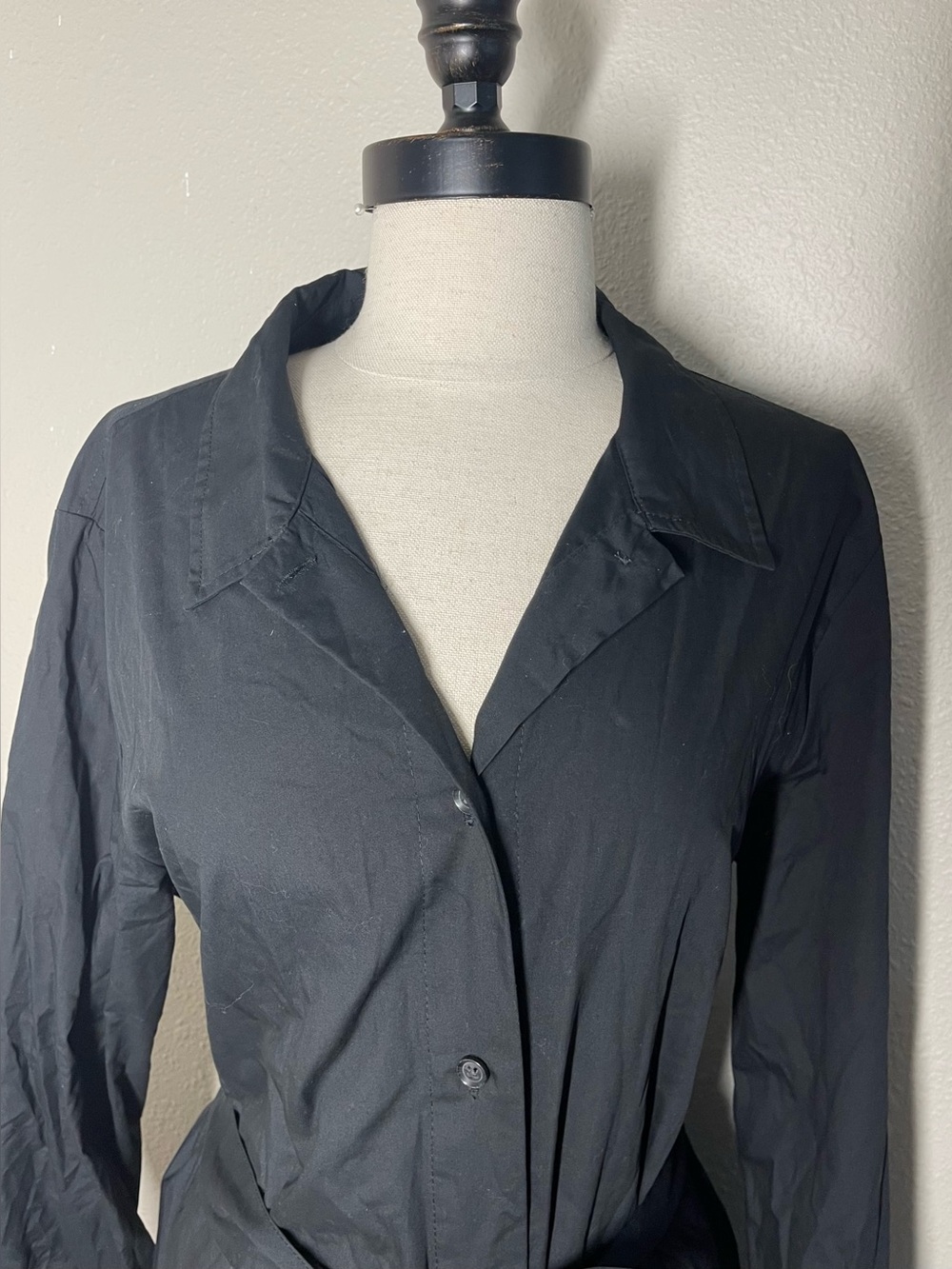 Banana Republic Black Long Sleeve Button-Front Shirt Dress Tie Waist XL Tall - Picture 3 of 7